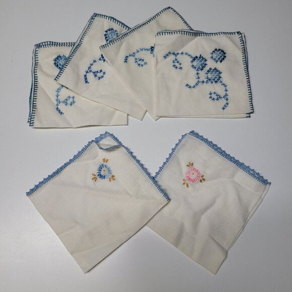 Embroidered Napkin Vintage Linen Handmade Flowers Stitched Blue 10 Inch Blue - Picture 1 of 8